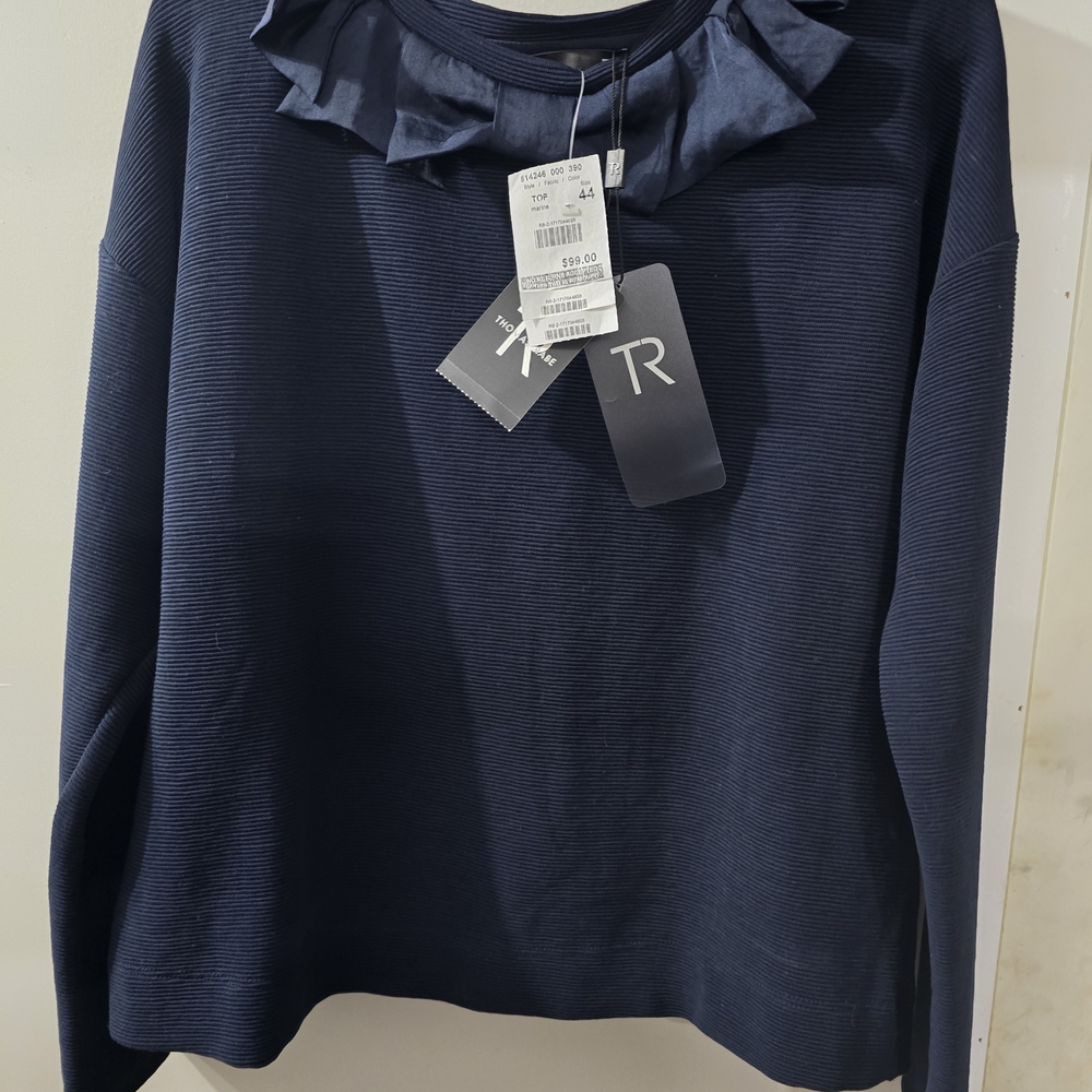 *NWT* Thomas Rabe, Navy Blue Ribbed Shirt with Ruffle Detail - Picture 2 of 7